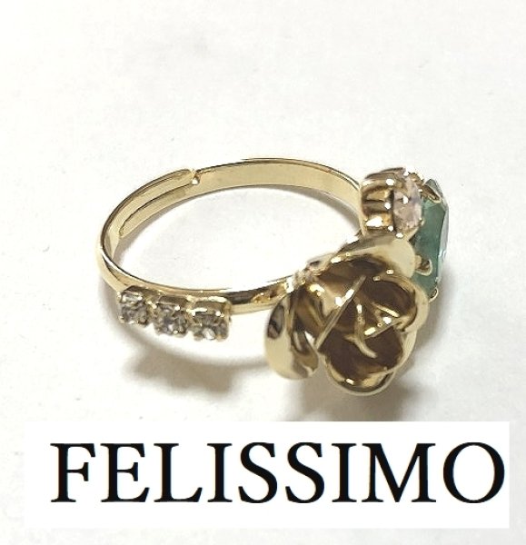 画像1: フェリシモ ヴィンテージパーツの華やかリングの会 指輪 バラ 薔薇 ゴールドローズ ブルー クリア ピンク (1)