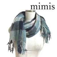 画像1: mimis　ミイーミイーズ　ウール100　ニットストール　チェック　ブルー系