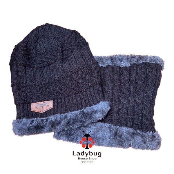 画像1: ニット帽子&スヌード　裏ボア　セット　黒　ブラック　男女兼用　 (1)