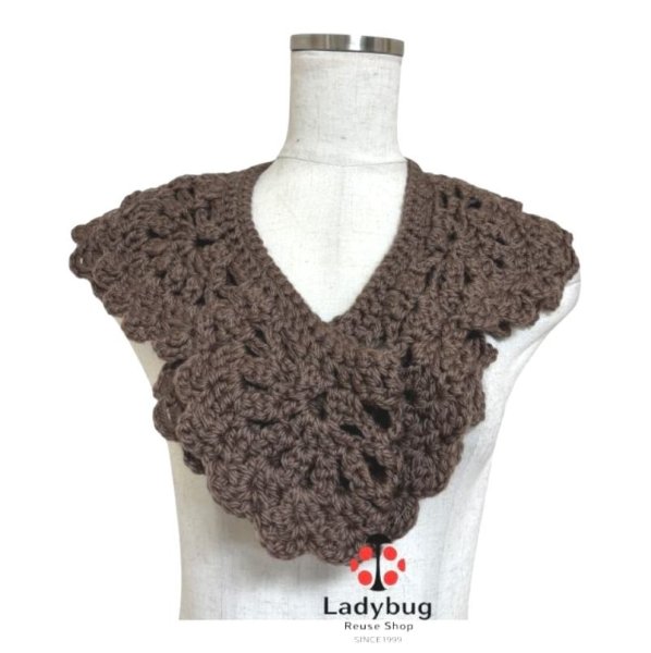 画像1: ハンドメイド　かぎ針編み　ニットケープ　ニットマフラー　ダークブラウン (1)