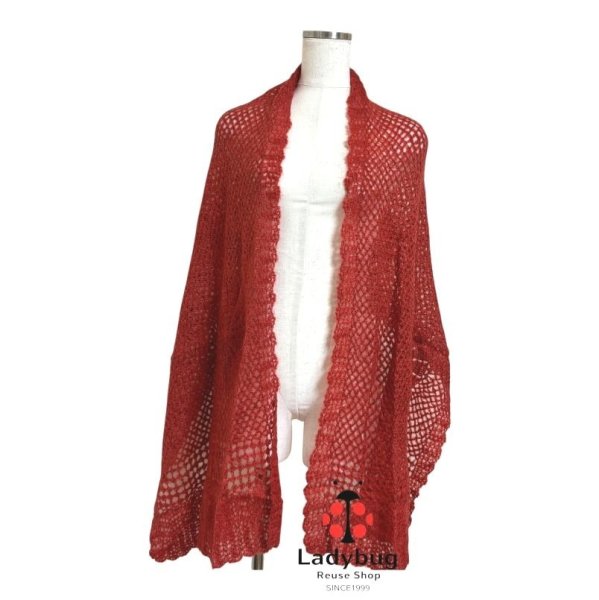 画像1: ハンドメイド　かぎ針編み　ニットストール　着物ショール　大判ニットマフラー　テラコッタ　レッド系　モヘア (1)