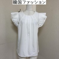 画像1: 韓国ファッション ひらひら袖 半袖 ブラウス 白 S