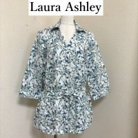 画像1: Laura Ashley　ローラアシュレイ　リネンシャツ　スキッパーシャツ　花柄　フラワープリント　ホワイト　グリーン　7号