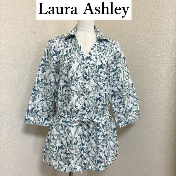 画像1: Laura Ashley　ローラアシュレイ　リネンシャツ　スキッパーシャツ　花柄　フラワープリント　ホワイト　グリーン　7号 (1)