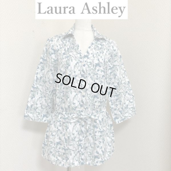 画像1: Laura Ashley ローラアシュレイ リネンシャツ スキッパーシャツ 花柄 フラワープリント ホワイト グリーン 7号 (1)