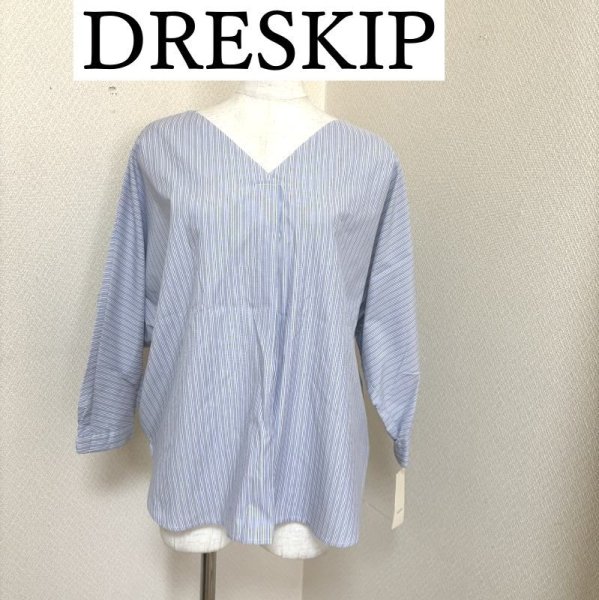 画像1: タグ付き　DRESKIP　ストライプシャツ　プルオーバーシャツ　長袖　抜き襟　前後Vネック　水色　M (1)