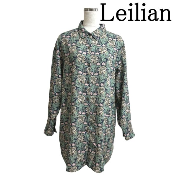 画像1: Leilian（レリアン）レディース　ロングシャツ　ウールブレンド　ボタニカル　花柄　グリーン　9号　秋　冬 (1)