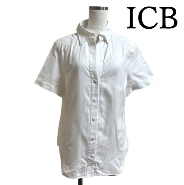 画像1: ICB　W　レディース　シャツ　半袖ブラウス　コットンシャツ　白　無地　ホワイト　44号　イタリア製生地 (1)