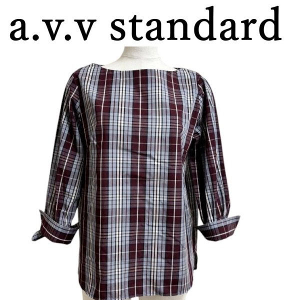 画像1: a.v.v standard　レディース　シャツ　チェック　プルオーバーブラウス　7分袖　えんじ　S (1)