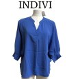 画像1: INDIVI　レディース　ブラウス　5分袖　キーネック　タックボリュームスリーブブラウス　　ブルー　無地 (1)