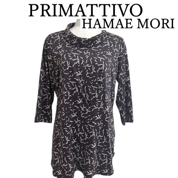 画像1: PRIMATTIVO　HANAE MORI　ハナエモリ プリマ ティーボ　ストレッチ　リボンプリントカットソー　襟付き　冷感　7分袖　グレー (1)