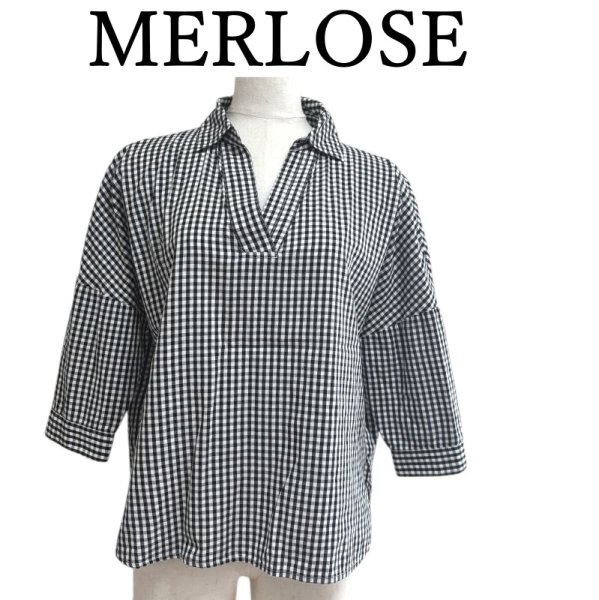 画像1: MERLOSE　メルローズ 　レディース　スキッパーシャツ　7分袖　ギンガムチェック　ホワイト　ブラック　M (1)