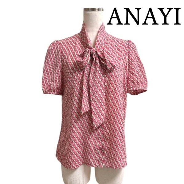画像1: ANAYI （アナイ）ボウタイブラウス　半袖　ピンク　レトロ　幾何学プリント　クールタッチ (1)