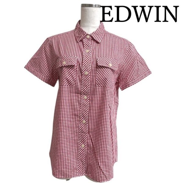 画像1: EDWIN　レディース　ボタンタウンシャツ　半袖　ギンガムチェック　赤　白　M (1)