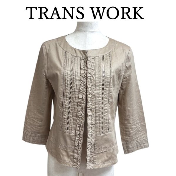 画像1: TRANS WORK　トランスワーク　ノーカラーブラウス　ジャケット　ベージュ　M　ストライプ　はしごレース　フリル　前ホック (1)
