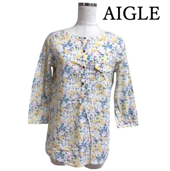 画像1: AIGLE　レディース　バンドカラー　プルオーバーシャツ　フラワープリント　イエロー　ホワイト　ミントブルー　　S (1)