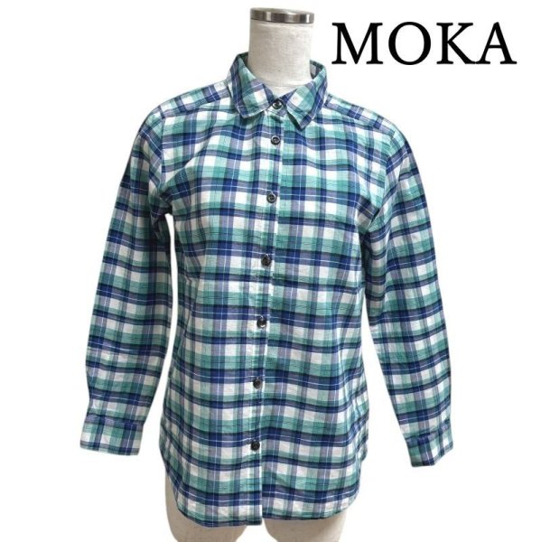 画像1: MOKA（ジュニアー）レディース　チェックシャツ　レギュラーカラーシャツ　マドラスチェック　ブルー　S (1)