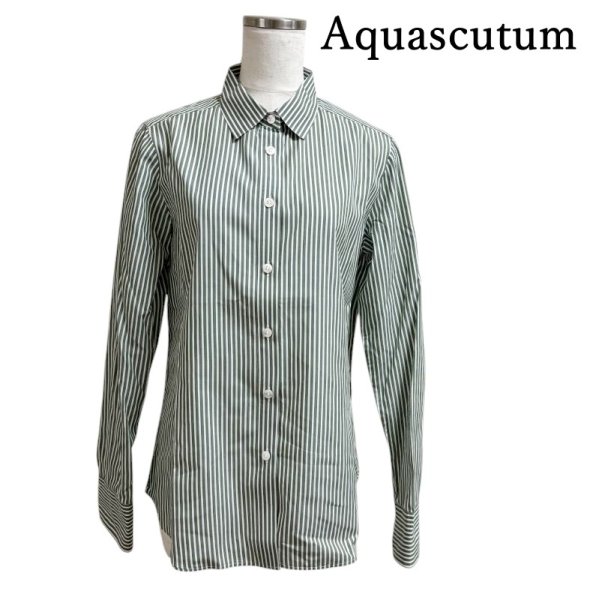 画像1: Aquascutum　アクアスキュータム 　レディース　ストライプシャツ　レギュラーカラーシャツ　長袖　11号　L　グリーン　ホワイト (1)