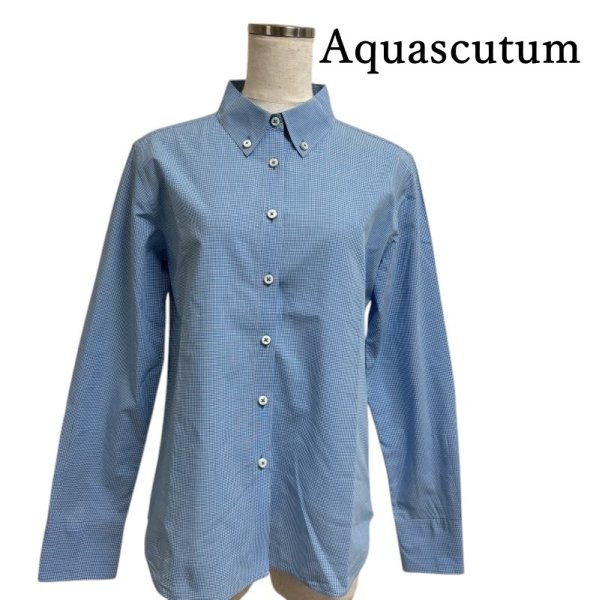 画像1: Aquascutum　アクアスキュータム 　レディース　ボタンダウンシャツシャツ　長袖　11号　L　ブルー　チェック (1)