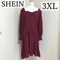 画像1: SHEIN　CURVE　シーイン　ロングワンピース　スクエアネック　ウエストリボン　えんじ　秋　3XL