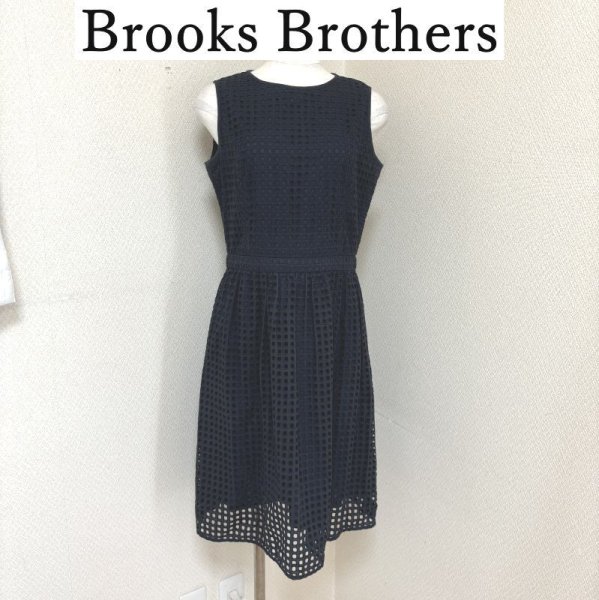 画像1: Brooks Brothers ブルックスブラザーズ　ノースリーブ　膝丈ワンピース　スクエアネック　アイレットレース　ネイビー　L　 (1)