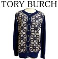 画像1: TORY BURCH トリーバーチ　模様編み　ニットカーディガン　長袖　ネイビー　L (1)