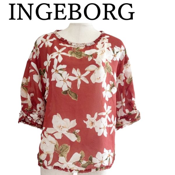 画像1: INGEBORG(インゲボルグ)　プルオーバー　シアーブラウス　半袖　レッド系　花柄 (1)