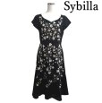 画像1: Sybilla（シビラ）　リネンワンピース　半袖　ひざ丈　黒　ブラック　花刺繍　L (1)