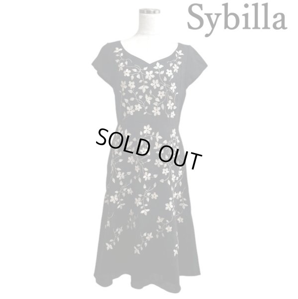 画像1: Sybilla（シビラ）　リネンワンピース　半袖　ひざ丈　黒　ブラック　花刺繍　L (1)