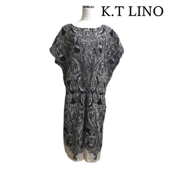 画像1: K.T LINO レディース　リネンワンピース　ひざ丈　半袖ワンピース　古代プリント　15号 (1)