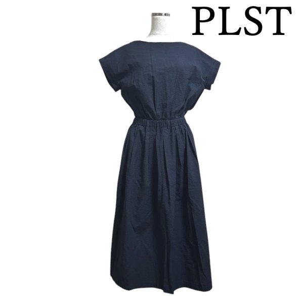 画像1: PLST　プラステ　クレープ素材　ロングワンピース　半袖　ネイビー　紺　無地　Ⅿ (1)