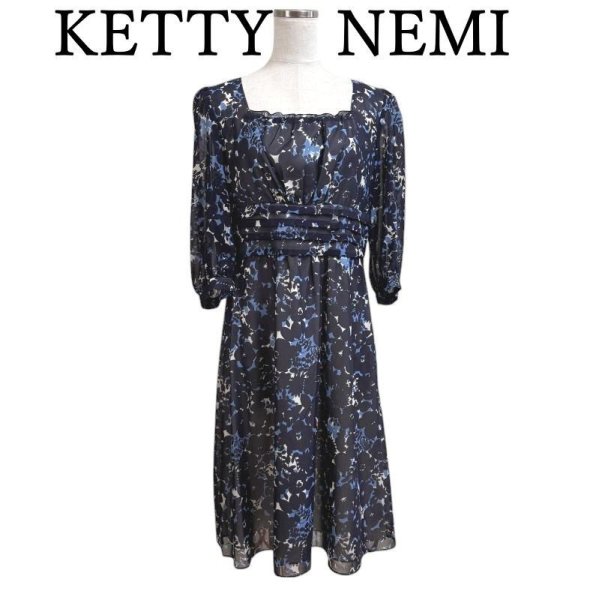 画像1: KETTY　NEMI 　ケティ　レディース　ワンピース ひざ丈　スクエアネック　7分袖　ネイビー　花柄　11号 (1)