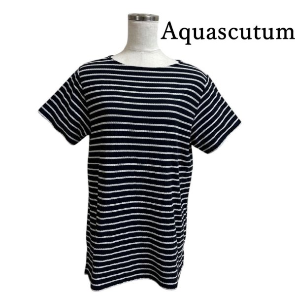 画像1: Aquascutum　アクアスキュータム 　レディース　Tシャツ　半袖　ロープ刺繍　ネイビー　11号　L　ベージュ (1)