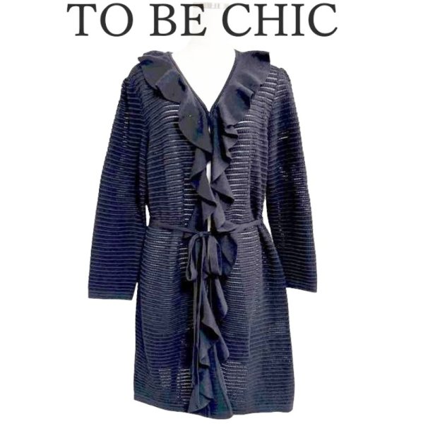 画像1: TO BE CHIC　トゥービーシック　ラッフルフリル　ロングニットカーディガン　ウエストリボン　黒　ブラック　 (1)