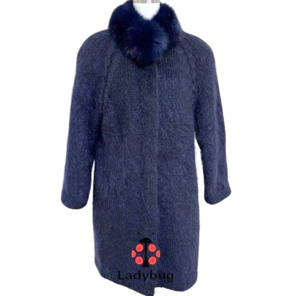 画像1: ワールド　リアルファー襟　高級モヘヤニットコート　ネイビー　F (1)