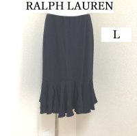 画像1: RALPH LAUREN ラルフローレン ひざ丈スカート ストレッチ 裾フリル L ネイビー