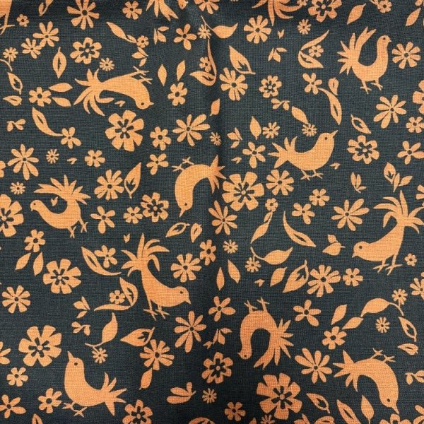 画像1: コットン生地　平織り　綿生地　鳥　クジャク　ピーコック　アジアン柄　ブラウン　オレンジ　オックス　114×300 (1)