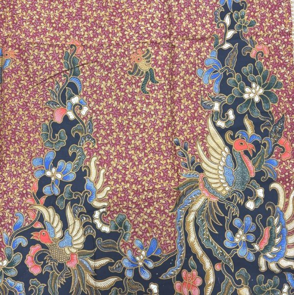 画像1: KESMATEX バティック染め　インドネシア　サロンケバヤ　コットン生地　鳳凰 　ネイビー　レッド　100×226 (1)