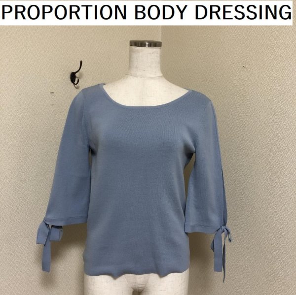 画像1: PROPORTION BODY DRESSING（プロポーションボディドレッシング）レディース ニット セーター 袖リボン リブニット ブルー 春 秋 (1)