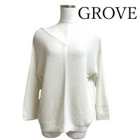 画像1: grove（グローブ）レディース　サマーニット　Vネック　ニットプルオーバー　ホワイト　春　秋