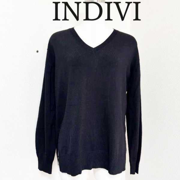 画像1: INDIVI　インディヴィ　レディース　レーヨンニット　Vネック　長袖セーター　黒　ブラック　無地　38号 (1)