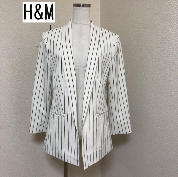 画像1: H&M ショールカラージャケット ストライプ 40号 (1)