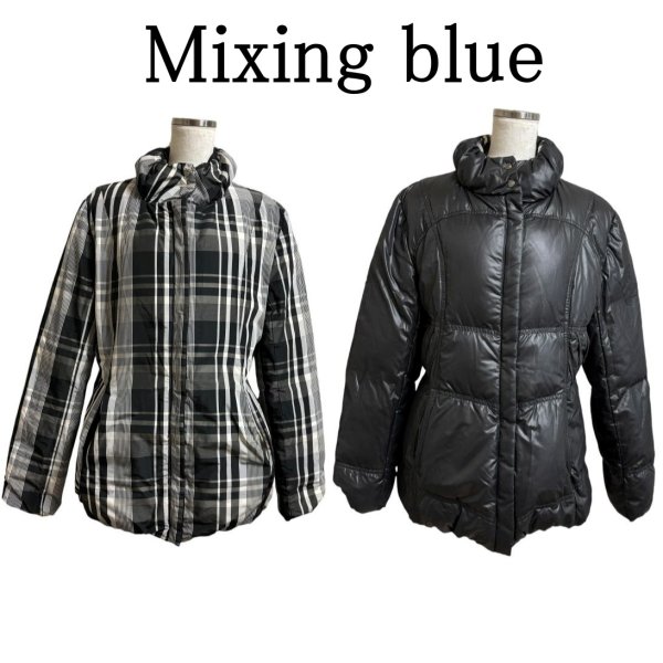 画像1: Mixing blue（ミキシングブルー）　レディースダウンジャケット　リバーシブル　黒　チェック　40号 (1)