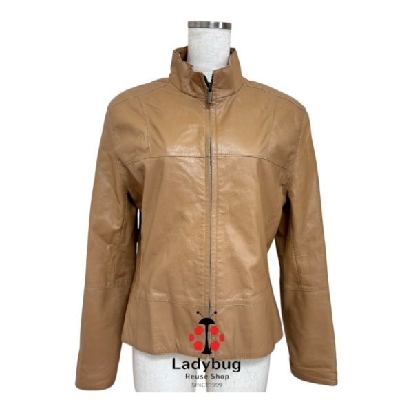 画像1: 古着　羊革　シープスキン　レディース革ジャン　ジップアップブルゾン　ベージュ　9号 (1)