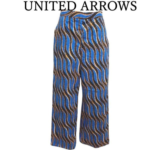 画像1: ユナイテッドアローズ　ＵＮＩＴＥＤ　ＡＲＲＯＷＳ　レディース　ワイドパンツ　エスニックプリント　ブルー　38号 (1)