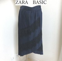 画像1: ZARA BASIC  ザラ ラップ風 プリーツ スカート ミモレ レース使い ネイビー Ｓ