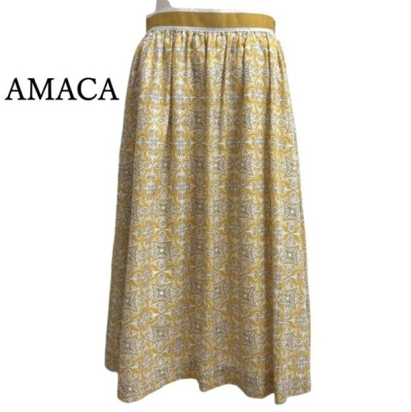 画像1: AMACA　アマカ　ミモレスカート　イエロー　オリエンタルプリント　38号　夏 (1)