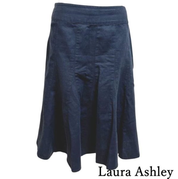 画像1: ローラアシュレイ　Laura Ashley リネンスカート　ひざ丈　パネルスカート　ネイビー　無地　7号 (1)