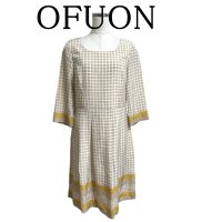 画像1: OFUON　オフオン　ワンピース　ひざ丈　長袖　ベージュ　チェック　イエロー　40号　L　春　秋