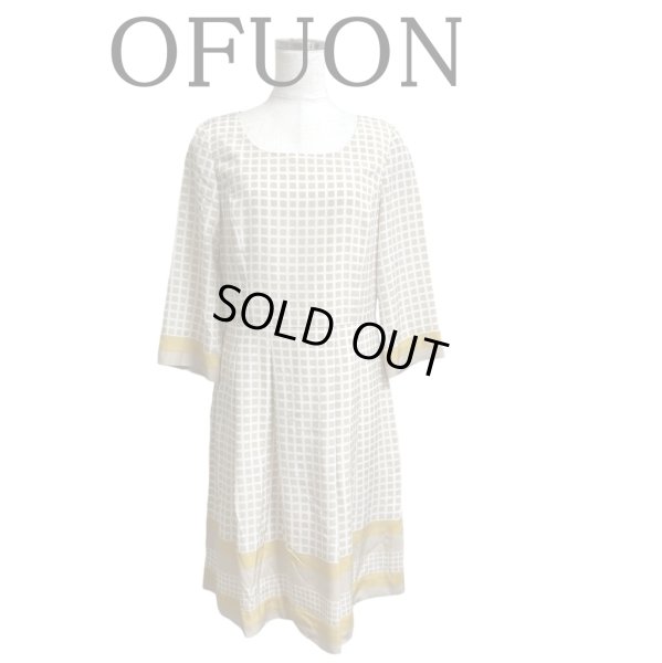画像1: OFUON　オフオン　ワンピース　ひざ丈　長袖　ベージュ　チェック　イエロー　40号　L　春　秋 (1)